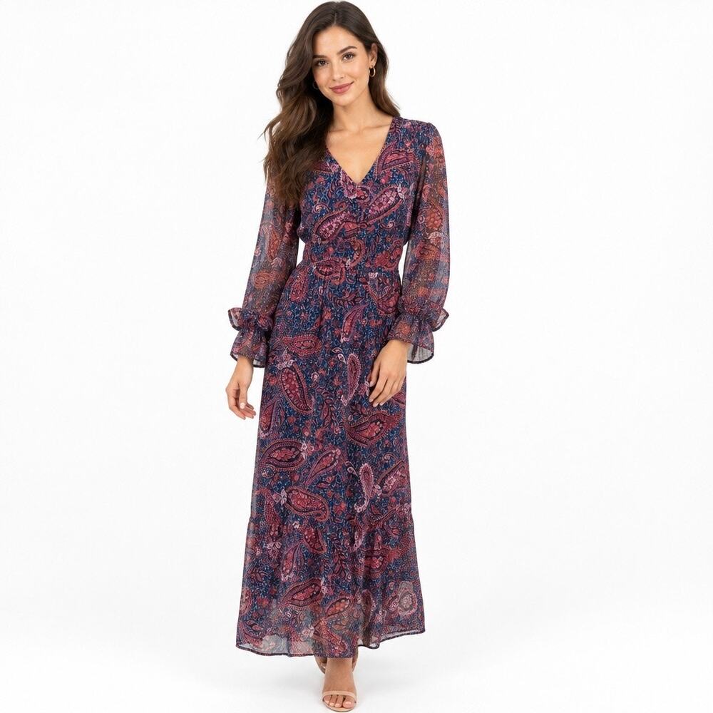 Destination 365 Paisley Boho Balloon Sleeve Maxi Dress XL Fall Whimsical Western